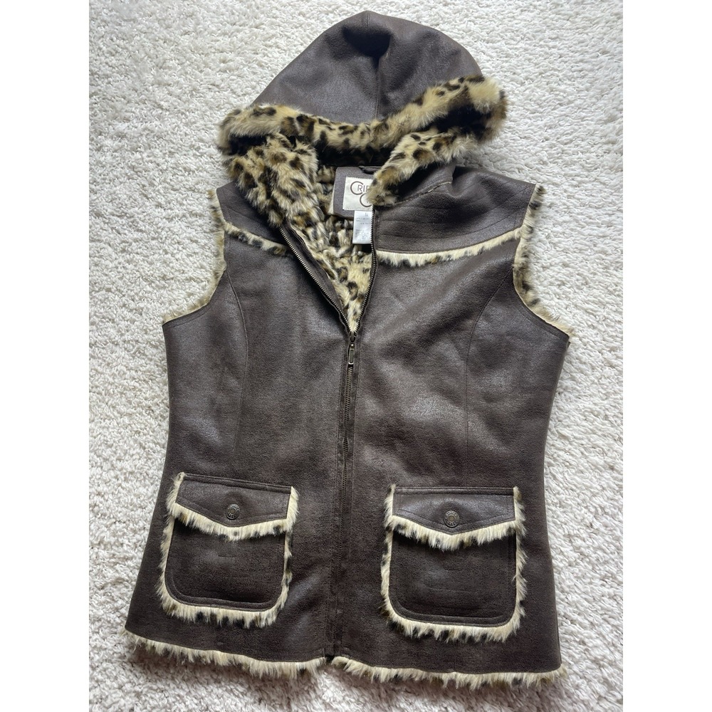 Cripple Creek Faux Cheetah Fir Lines Brown Vest Womens M EUC